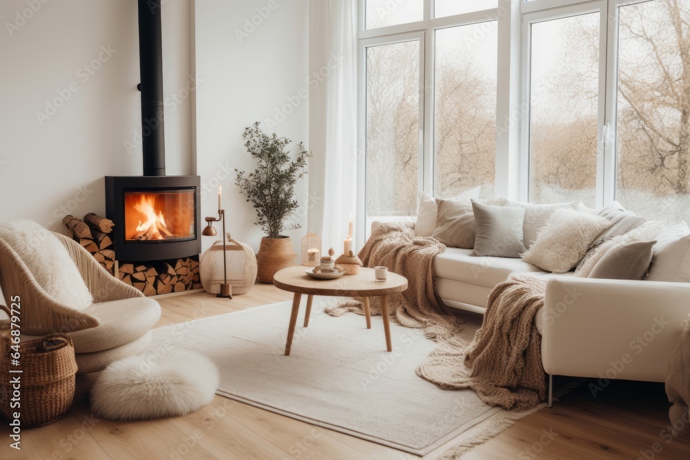Interior of a bright and airy Scandinavian living room, minimalist design with a touch of warmth, natural textures, cozy corner with a fireplace and armchair - obrazy, fototapety, plakaty 
