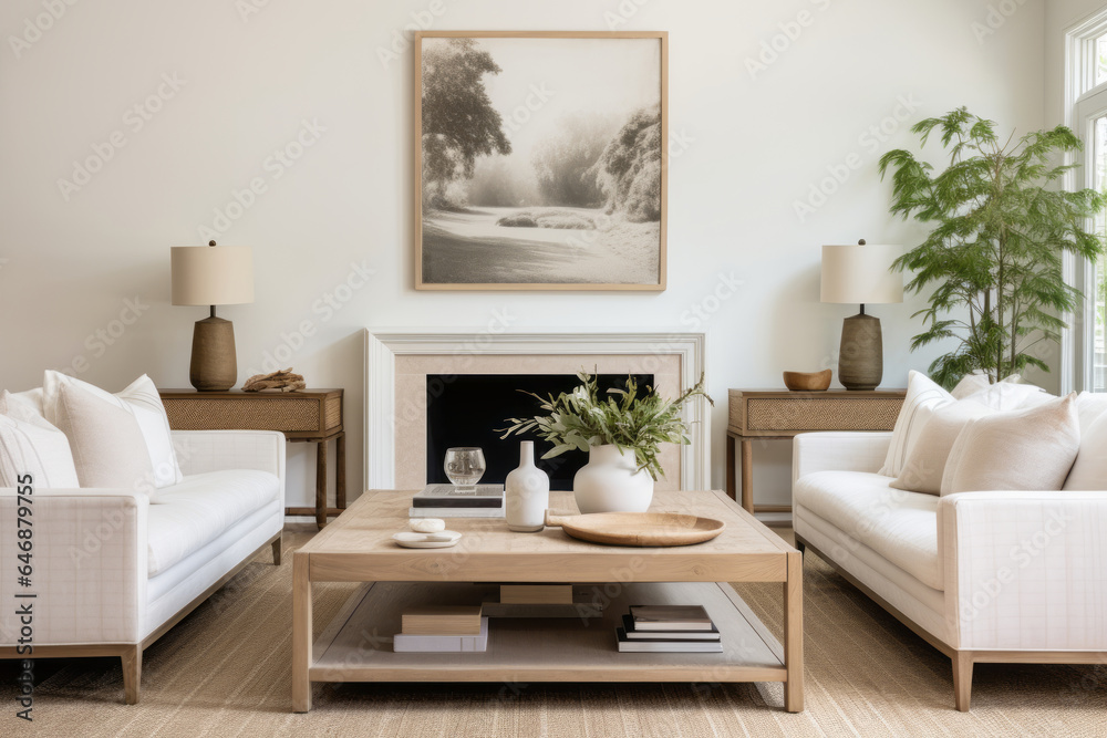 Fototapeta premium Interior of a living room in Transitional style with sofas and a painting over the fireplace a perfect balance of modern and traditional elements
