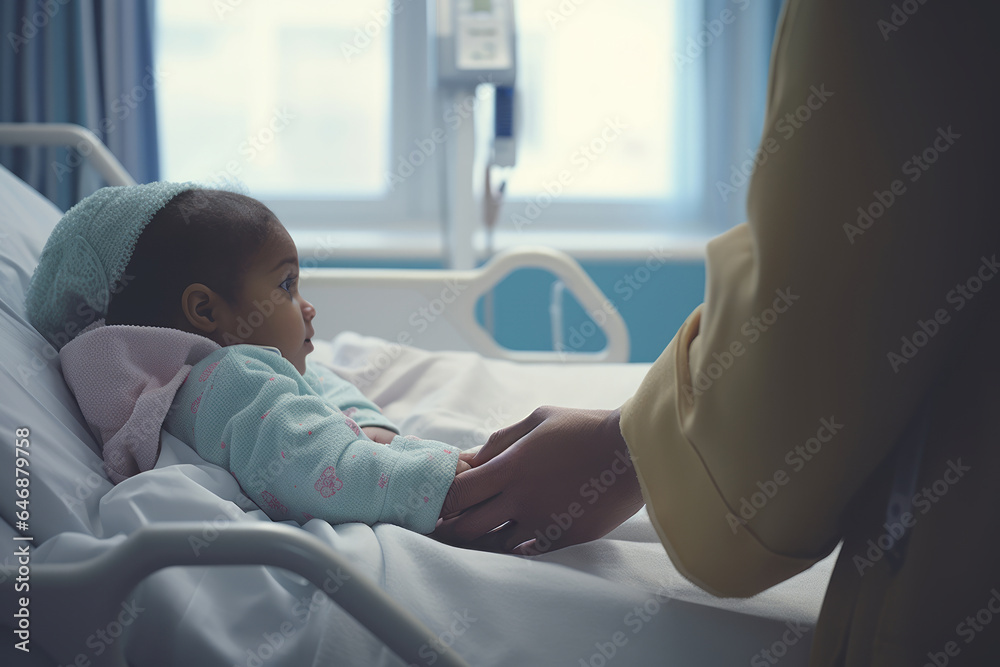 Obraz premium Parent and child in healthcare setting. A parent holding hands with their child patient in a hospital room