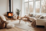 Interior of a bright and airy Scandinavian living room, minimalist design with a touch of warmth, natural textures, cozy corner with a fireplace and armchair