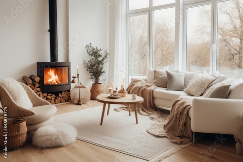 Interior of a bright and airy Scandinavian living room, minimalist design with a touch of warmth, natural textures, cozy corner with a fireplace and armchair