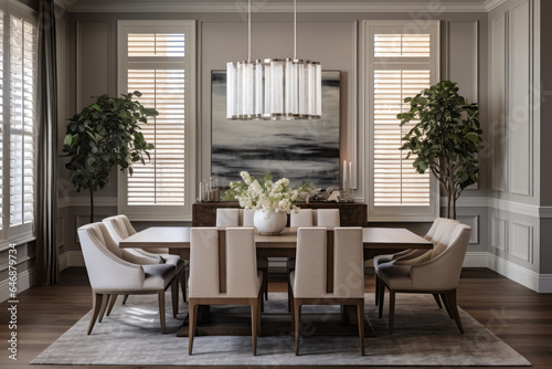 Interior of a elegant and inviting transitional style dining room featuring a blend of contemporary and classic elements, refined lighting fixtures, paintings and house plants