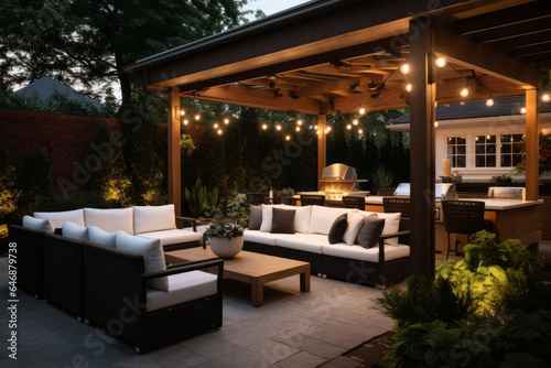 Elegant transitional outdoor living space with a seamless flow from indoors to outdoors, comfortable seating, lush greenery, and sophisticated outdoor lighting. Soft and ambient evening lighting © Mikhail