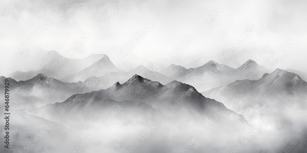 misty grey mountain landscape - obrazy, fototapety, plakaty 