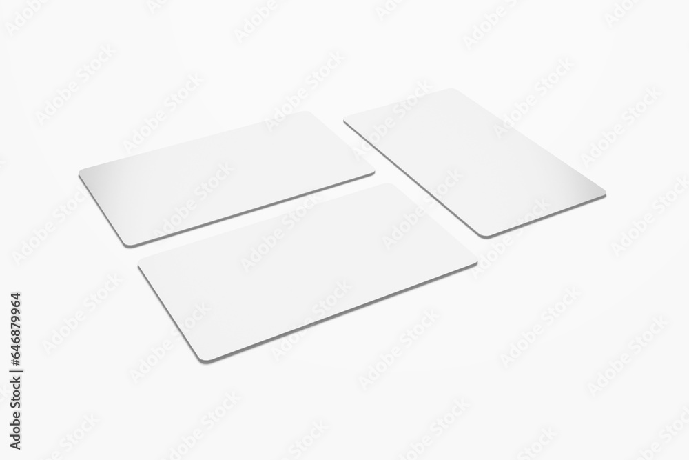 Three business cards neatly arranged with an elegant perspective on a white background Three business cards neatly arranged with an elegant perspective on a white background