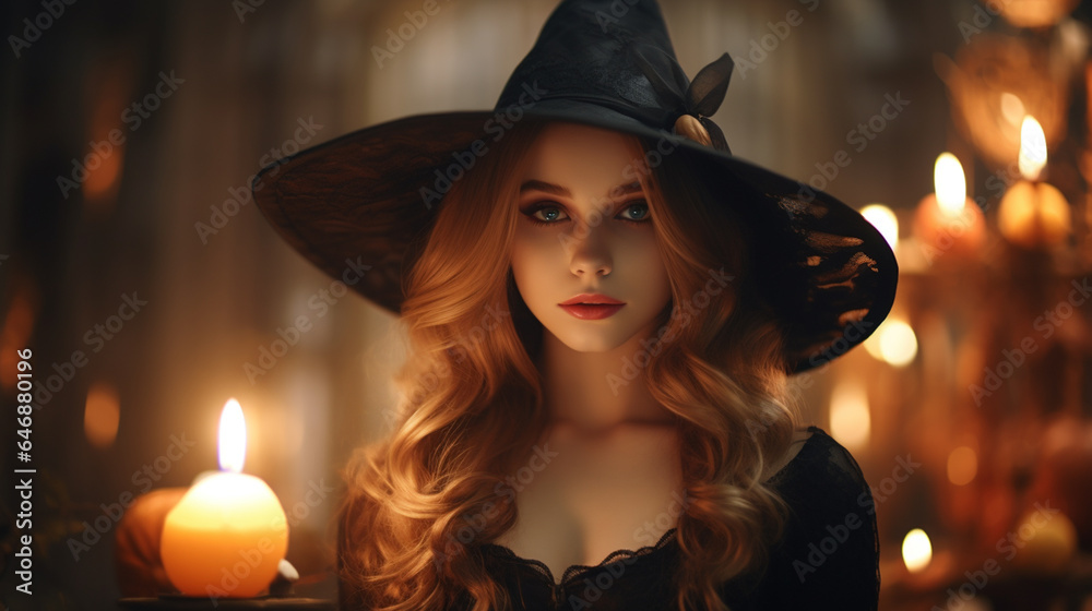 Young woman dressed in a witch costume, on Halloween. Young woman dressed in a witch costume, on Halloween.