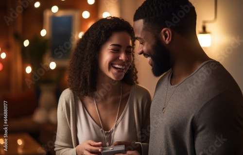 Young man surprises his girlfriend with a necklace - stock photography