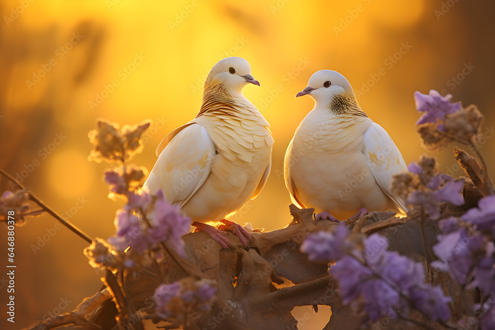 pair of pigeons on a branch at sunset