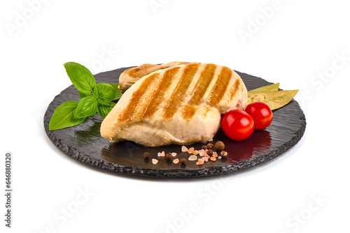 Grilled chicken breast with mix salad, isolated on white background.