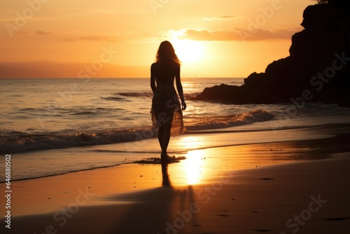 Sunset Beach Stroll Model walking along the shoreline - stock photography