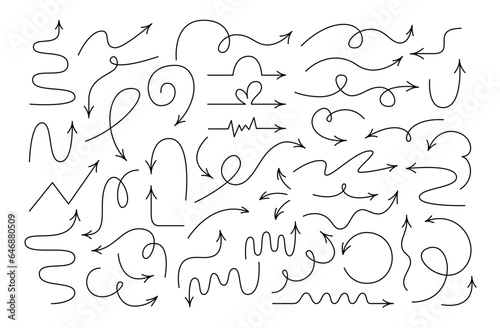 Hand Drawn Line Thin Winding Arrows Collection. Curly Pointers Editable Stroke. Wavy Outline Arrows Set.