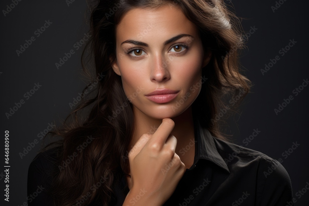 Pretty woman A focused and strong hand-on-chin pose - stock photography Pretty woman A focused and strong hand-on-chin pose - stock photography