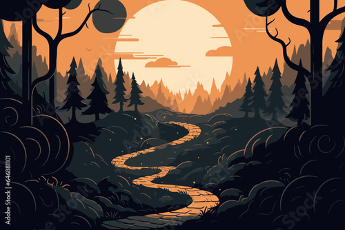 The path through the enchanted spooky forest at night. Happy halloween, moon and moonlight. Vector cartoon close-up illustration.