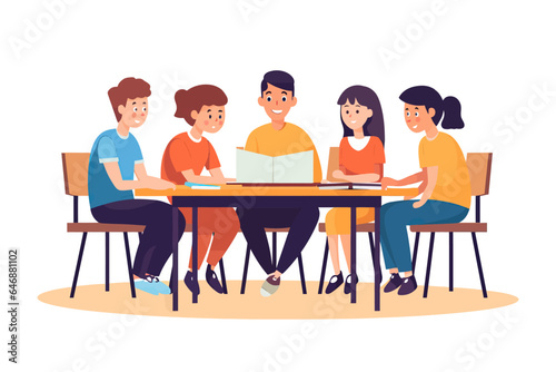 Children behavior problems concept. Group studying, children with teacher at school at the table, education, teacher, teamproject, simple vector illustration.