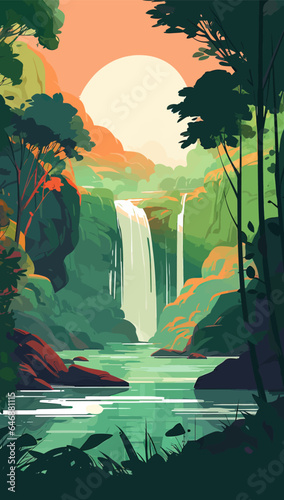 Waterfall in jungle at sunset, rainforest, tropical landscape, river flowing, streams of water.