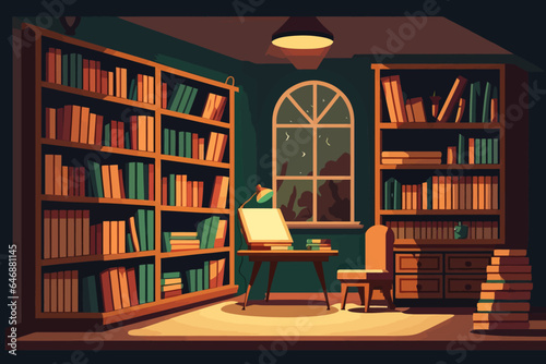 Library with bookcases. Vector empty interior of old luxury library at university with wooden furniture, and wooden armchair, art studio.