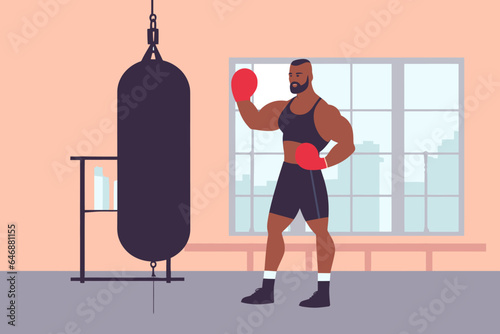 Male african american boxer training in gym. Male hits to punching bag at the gym. Sport characters boxing, activities, healthy lifestyle. Simple trendy illustration