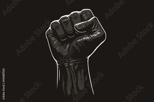 BLM, black lifes matter raised black fist on dark background, protest, human rights, anti racism, racial equality. photo