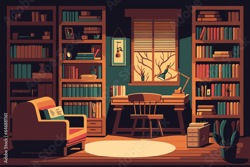 Place for reading books in home library, studying, university, bookshelf, cozy mood.
