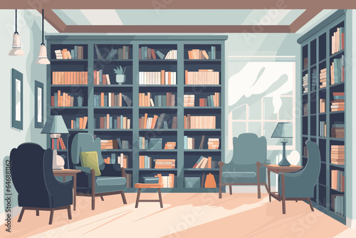 Modern library with bookshelf. Office, book store, quiet place. Simple vector interior illustration