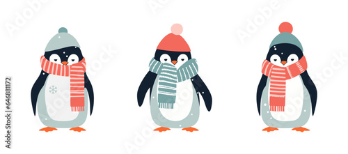 Cute penguins in scarfs set. Penguin in hat and scarf. Postcard for New year and Christmas holidays. Vector images in cartoon style