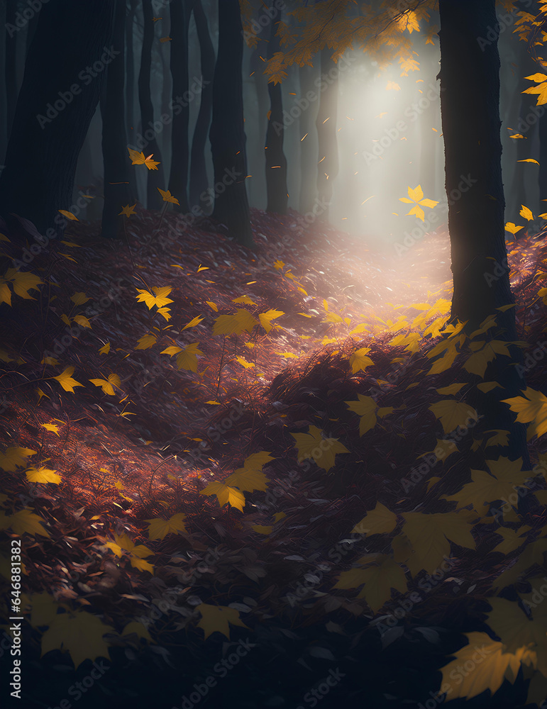 Dark night autumn forest and lights.Ai