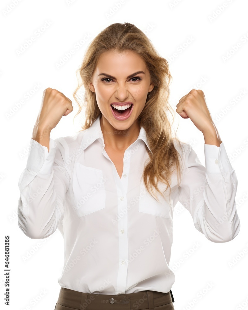 Pretty Woman Clenching fists in a victorious gesture - stock photography Pretty Woman Clenching fists in a victorious gesture - stock photography