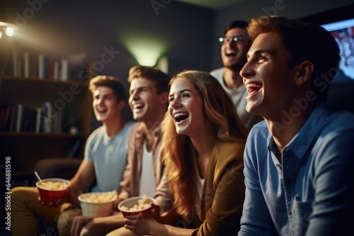 Group of young people watching a movie at home - stock photography
