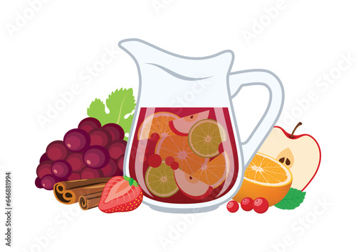 Pitcher of red sangria with fruit and spices vector illustration. Sangria drink icon vector isolated on a white background. Traditional spanish wine alcoholic beverage drawing