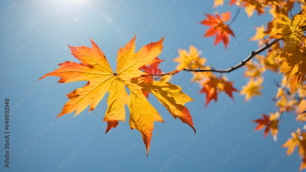 Branch of colorful autumn leaves against blue sky. Beauty of nature concept background for wallpaper, template or graphic design Branch of colorful autumn leaves against blue sky. Beauty of nature concept background for wallpaper, template or graphic design