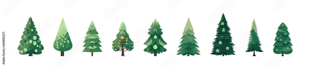 Christmas tree set flat cartoon isolated on white background. Vector isolated illustration