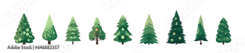 Christmas tree set flat cartoon isolated on white background. Vector isolated illustration