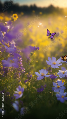 Exquisite and delicate wildflower meadow  with a variety of blossoms attracting bees and butterflies - AI Generative