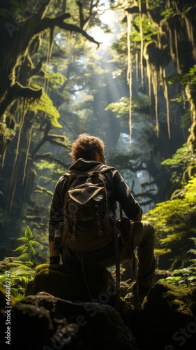 young man in the middle of the forest  drawing botany and taking notes  biologist  light entering through the treetops