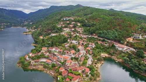 Aerial view of the village ower of Cavado river in Peneda-Geres National Park, Northern Portugal.