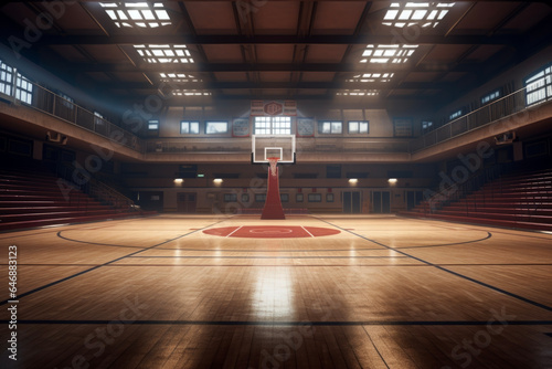 Basketball goal in a beautiful gymnasium illuminated by spotlights.