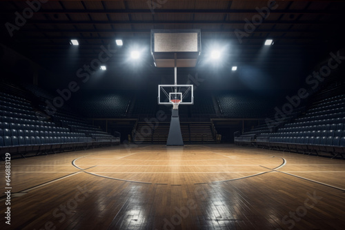 Basketball goal in a beautiful gymnasium illuminated by spotlights. © cwa