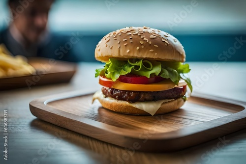 Wallpaper Mural hamburger on a wooden table Torontodigital.ca