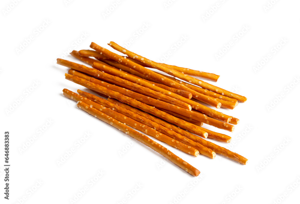 Stick cracker, pretzel, on white background. Crunchy salted pretzel sticks isolated.