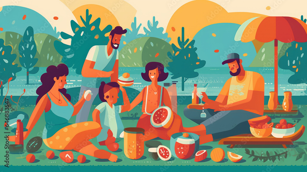 Illustrate a family enjoying a picnic in a sunny park.