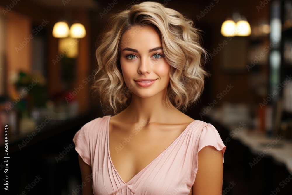 Confident, joyful woman with fashionable style and beautiful smile. Generated AI