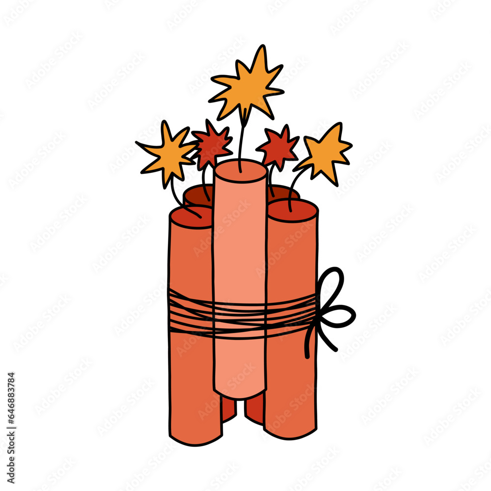 Obraz premium Pack of dynamite with lit fuse with hand drawn outline. Colorful doodle sign of bomb, danger. Bundle of burning dynamite bomb stick. Vector illustration isolated on background. Symbol of Wild West.