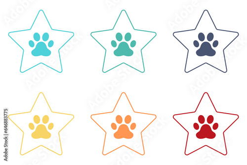 Star icon with cat paw print. Set of illustrations.