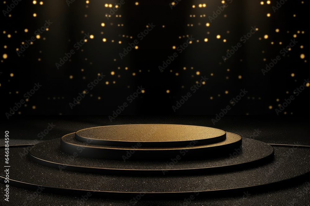 Obraz premium Black podium product stage with spotlight and golden glitter background.