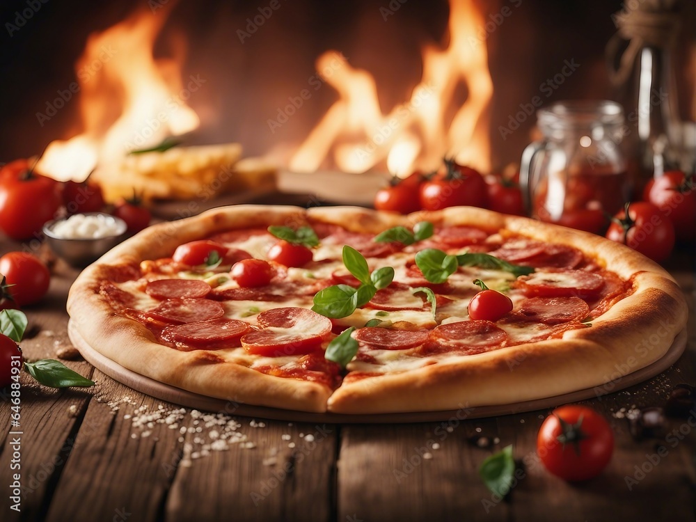 Delicious sliced pizza on a wooden table