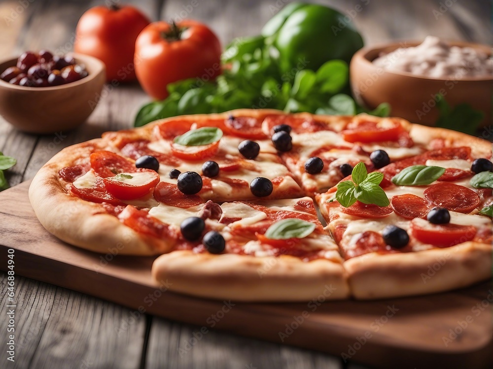 Photography of pizza on the table with delicious ingredients