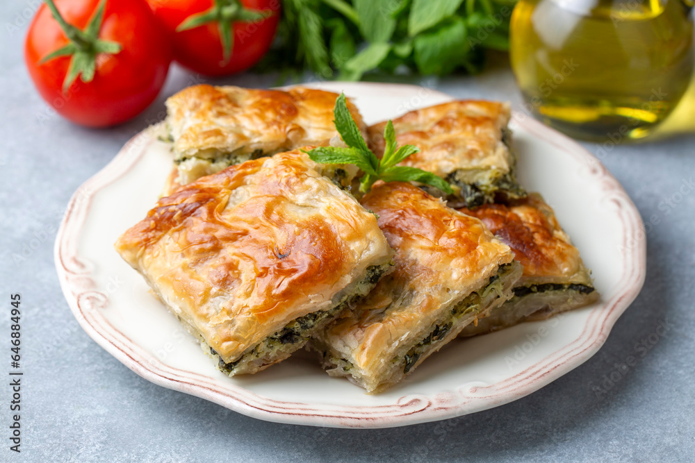 Greek cuisine; Spinach Tart or Spinach Pie. Turkish name; ispanakli borek or ispanakli tart