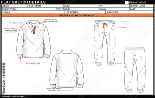 BOYS POLO NECK WITH JOGGER SET DRESS FLAT SKETCH FASHION TEMPLATE TECHNICAL DRAWING ILLUSTRATION