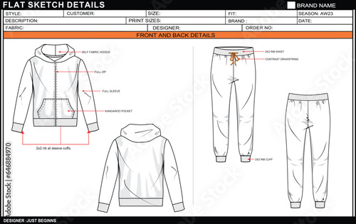 GIRLS HOODIE WITH JOGGER SET DRESS FLAT SKETCH FASHION TEMPLATE TECHNICAL DRAWING ILLUSTRATION