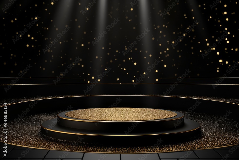 Black podium product stage with spotlight and golden glitter background. - obrazy, fototapety, plakaty 